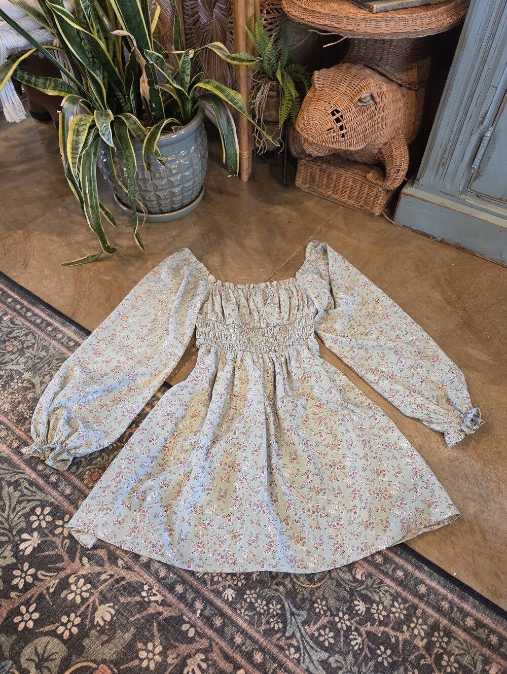 Lush Pastel Floral Puff Long Sleeve Cinched Waist Mini Dress Sz XS